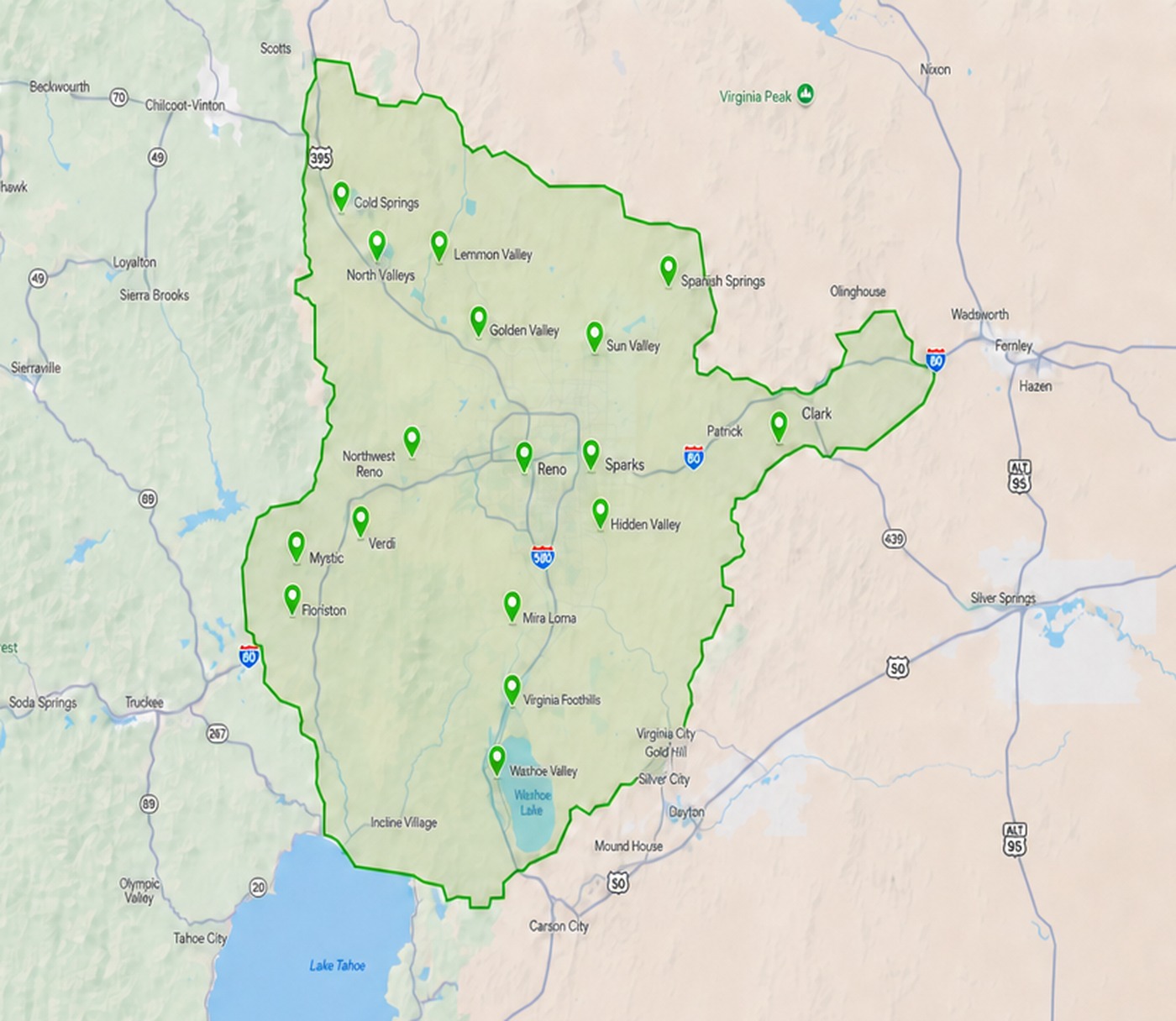 Longhorn Landscaping service area map covering Reno, Sparks and surrounding Northern Nevada communities